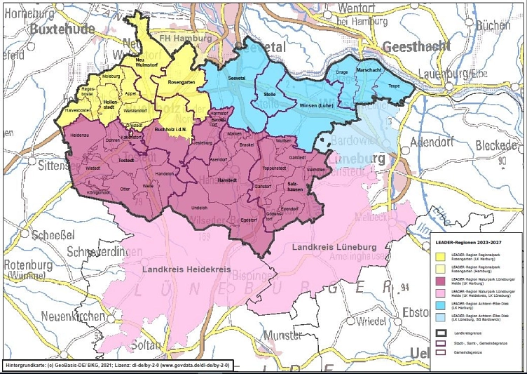 Karte der LEADER-Regionen im Landkreis Harburg 2023-2027 © Landkreis Harburg