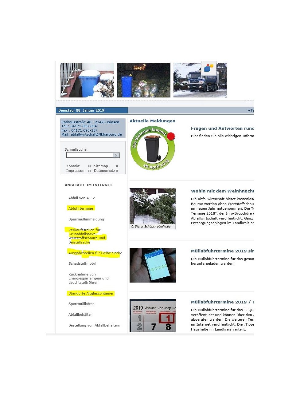 Navigationsbereich Internet-Seiten der Abfallwirtschaft © Landkreis Harburg